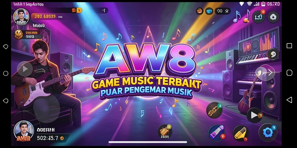 Screenshot gameplay AW8 menampilkan pengalaman bermain musik yang interaktif.
